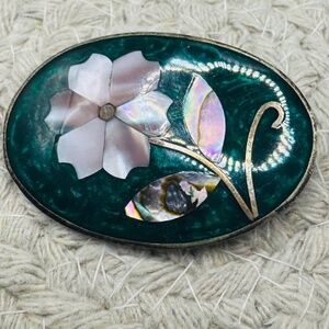 Cloisonné MOP And Abalone Shell Silver Brooch
